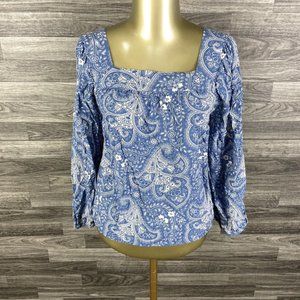 ANN TAYLOR LOFT Square Neck Puff Sleeve Blue Paisley Blouse Top Women's Size L